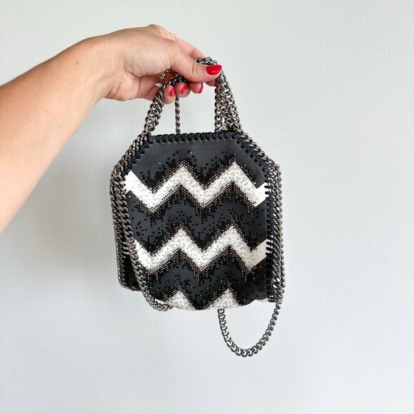 Stella McCartney Embellished Chevron Falabella Crossbody Bag Black White - Picture 3 of 8